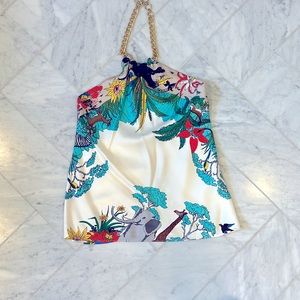 Tibi silk halter top with jungle print